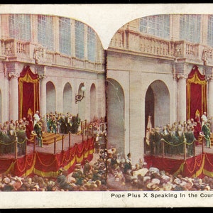 Color Tint Stereoview Card - Paus Pius X spreekt in het Vaticaanse Hof, Rome. Quaker Oats over de hele wereld. 1906.