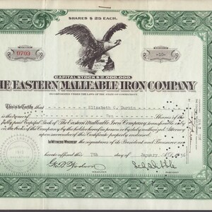 Stock Certificate - The Eastern Malleable Iron Company.  1936. With 2 U. S. Stock Transfer Stamps.