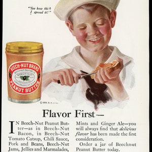 Original 1920 Full-color Advertisement for Beech-Nut Peanut Butter.  Camel Cigarettes Ad on Reverse.