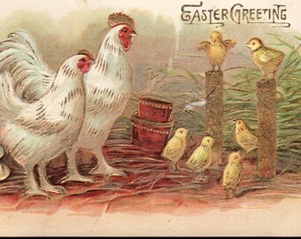 Embossed Antique Easter Postcard. Easter Greeting. Rooster and Hen with Chicks and Easter Eggs.