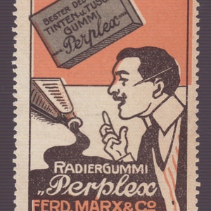May include: A vintage advertisement for "Perplex" eraser featuring a man holding a pencil and a box of erasers. The text reads "Best German Ink Eraser Rubber Perplex" and "Eraser Rubber Perplex Ferd. Marx & Co. Hanover".
