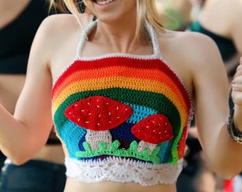 Magic Mushroom Crochet Top | Rainbow Crop Top | Knit Bikini Top | Handmade Cotton Bralette | Psychedelic Pride Festival LGBTQ Wear Rave Fest