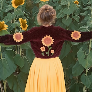 Handmade Crochet Velvet Sunflower Cardigan Cottagecore Clothing Daisy Crochet Sweater Chunky Cardigan y2k alt cardigan Oversized winter Top