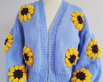 Hand Knitted Daisy Cardigan / Hand Made Blue Sunflower