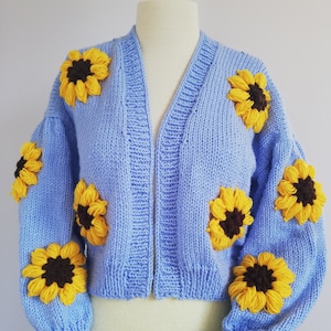 Hand knitted daisy cardigan / Hand made blue sunflower sweater /  Crop cardigan / Crop sweater / Hand knitted daisy pullover, birthday gift