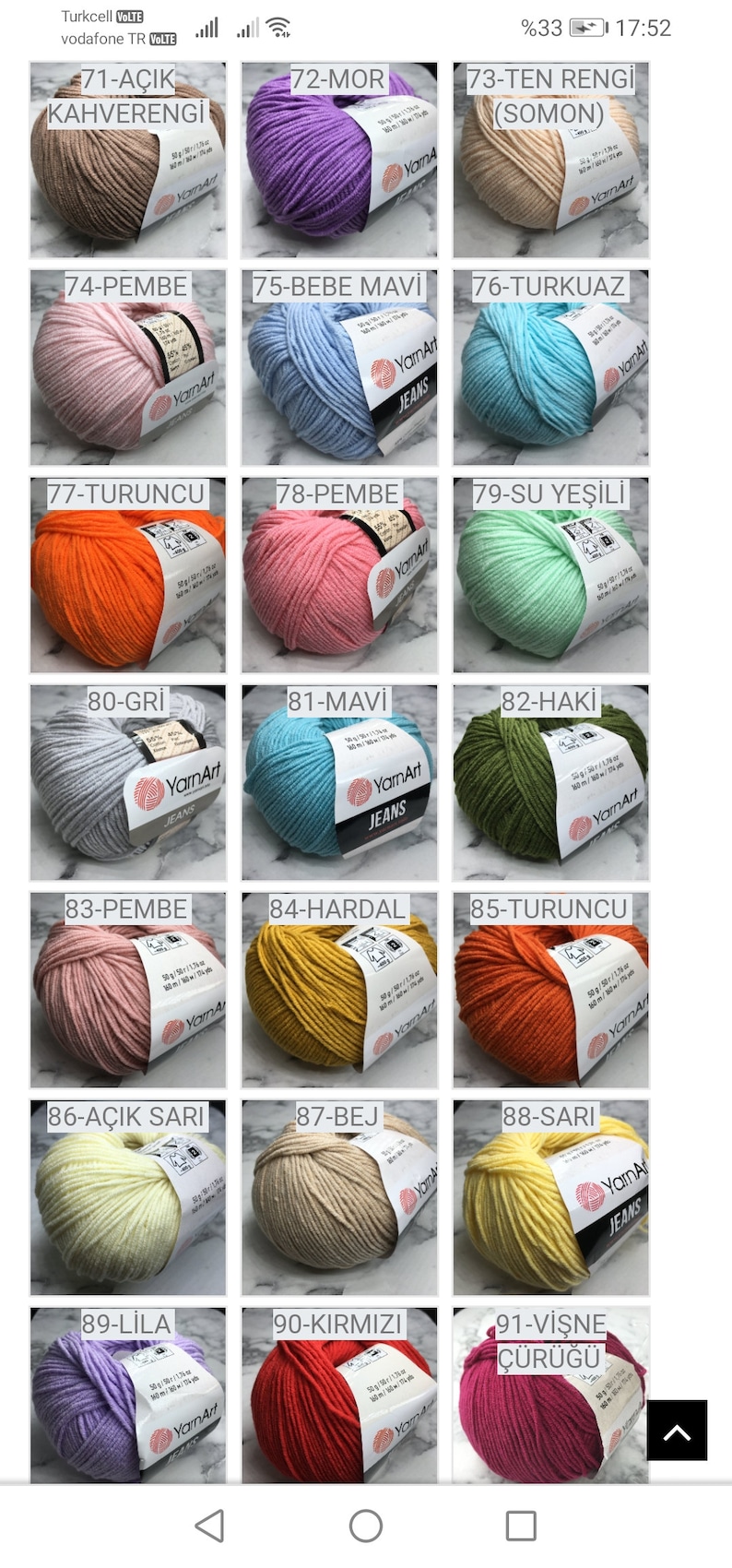 May include: A collection of 91 yarn balls in various colors, including beige, pink, blue, green, orange, red, yellow, and purple. Each ball is labeled with a number and a color name in Turkish.