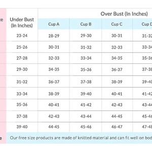May include: A chart showing bra sizing in inches. The chart includes band size, under bust, and over bust measurements for cup sizes A through F.