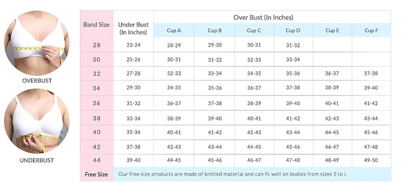 May include: A chart showing bra sizing in inches. The chart includes band size, under bust, and over bust measurements for cup sizes A through F.
