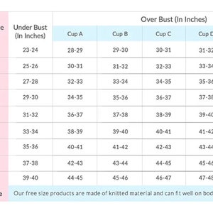 May include: A chart showing bra sizing in inches. The chart includes band size, under bust, and over bust measurements for cup sizes A through F.