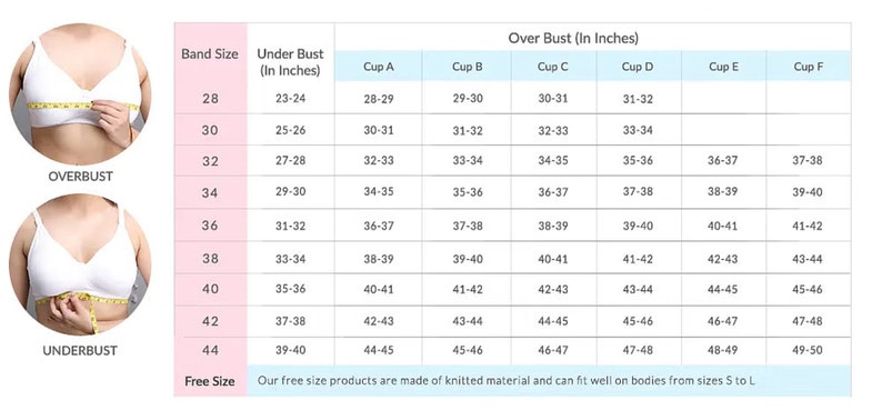 May include: A chart showing bra sizing in inches. The chart includes band size, under bust, and over bust measurements for cup sizes A through F.