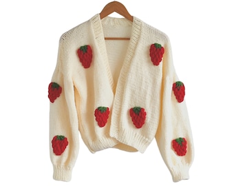Cropped vest aardbei | Oversized gehaakte trui | Kerstcadeau handgemaakt katoenen crop cardigan | Chunky top voor dames | Uniek cadeautrui