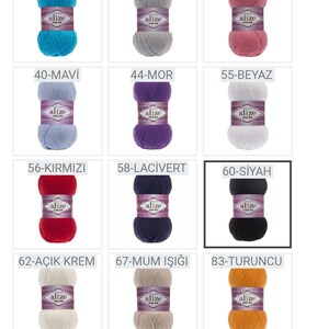 May include: A chart of yarn colors with the brand name "alize" on each ball of yarn. The chart is labeled "RENK" which means "color" in Turkish. The colors include cream, mustard, light green, turquoise, gray, pink, light blue, purple, white, red, navy blue, black, off-white, beige, orange, dark gray, light pink, yellow, green, blue, and fuchsia.