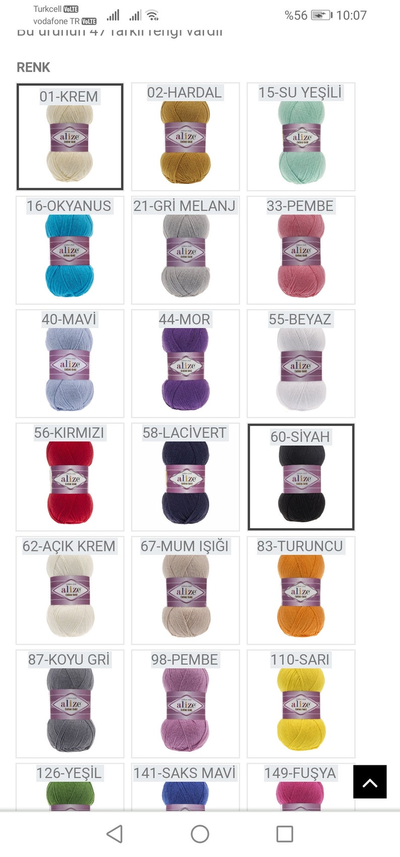 May include: A chart of yarn colors with the brand name "alize" on each ball of yarn. The chart is labeled "RENK" which means "color" in Turkish. The colors include cream, mustard, light green, turquoise, gray, pink, light blue, purple, white, red, navy blue, black, off-white, beige, orange, dark gray, light pink, yellow, green, blue, and fuchsia.
