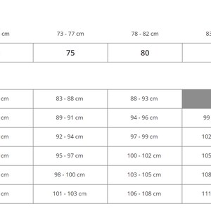 May include: A chart showing bra sizing in centimeters. The chart includes band size, cup size, and corresponding measurements. For example, a band size of 75 cm and a cup size of 92 cm corresponds to a 75C bra size.