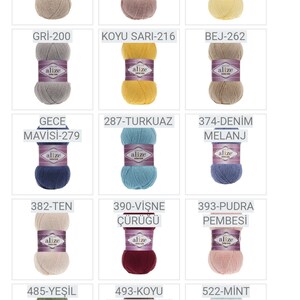 May include: A collection of yarn skeins in various colors, including green, blue, pink, yellow, beige, gray, and red. Each skein is labeled with the brand name "Alize" and a color code.
