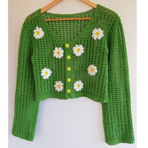 Hand made crochet rainbow sweater / Green Daisy Hand Knitted Cardigan / LGBT Hand made crochet sweater / Winter Daisy Embroidery Sweater