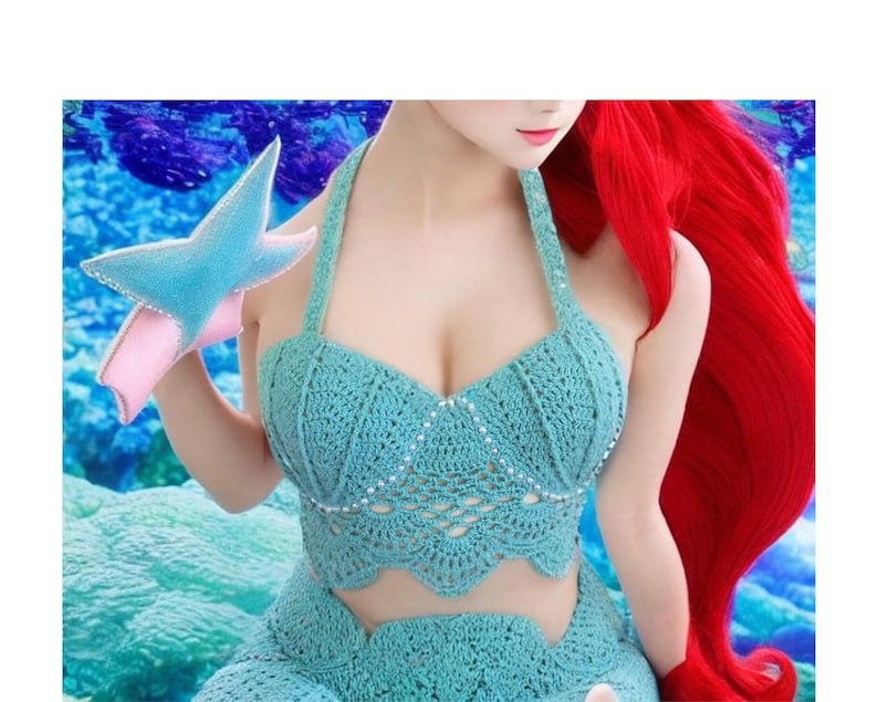 May include: A teal crochet top with a halter neckline and a scalloped hem. The top is decorated with small rhinestones.