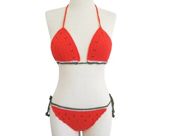 Watermelon Crochet Bikini Set | Knit Bikini Top & Bottom | Crochet Bralette | Handmade Cotton Knit Bikini | SwimWear | Festival Beach Wear