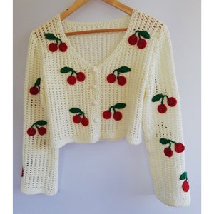 Hand made crochet cherry adorned cardigan / Cherry Designed Hand Knitted White Sweater / Hand made crochet winter cardigan / Valentines gift