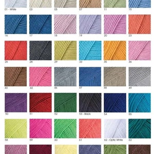 May include: A color chart of yarn samples, numbered 01-70. The yarn is arranged in rows of five, with each sample labeled with a number. The colors include white, beige, light blue, pink, red, orange, yellow, green, blue, purple, brown, gray, and black.