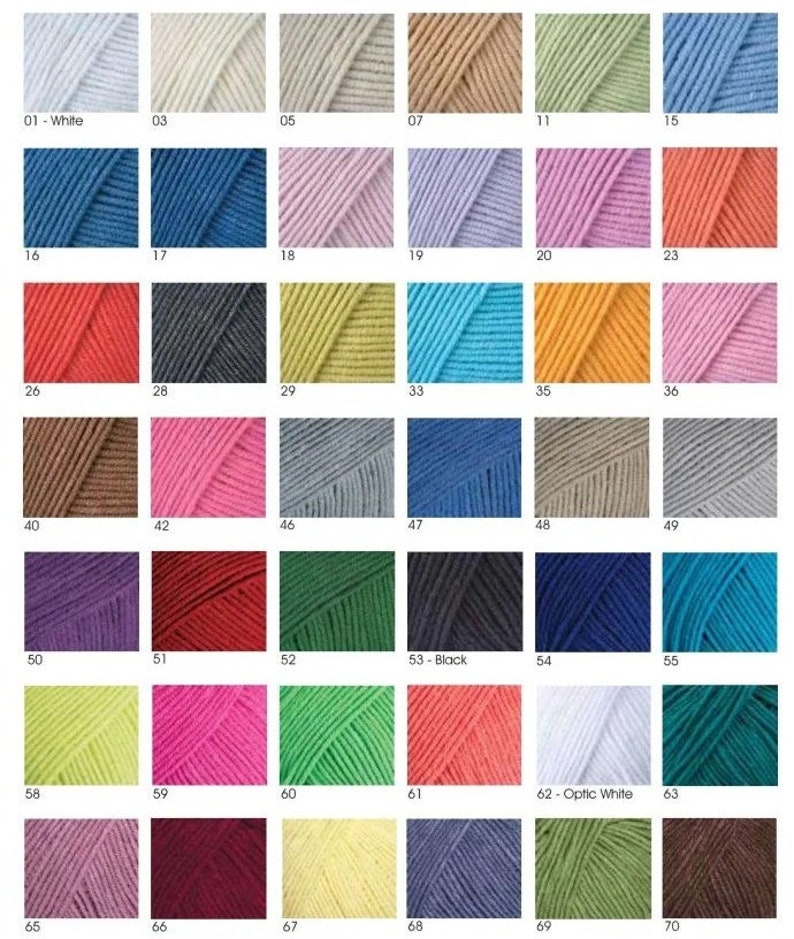 May include: A color chart of yarn samples, numbered 01-70. The yarn is arranged in rows of five, with each sample labeled with a number. The colors include white, beige, light blue, pink, red, orange, yellow, green, blue, purple, brown, gray, and black.
