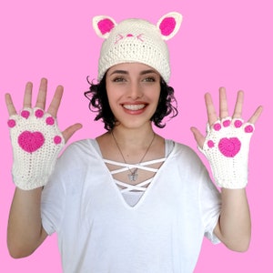 Handmade Crochet Kitty Cat Beanie & Paw Gloves Set Anime Cosplay Costume Winter Beanie festival y2k alt clothing Christmas gift Hello Cat