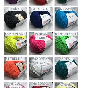 May include: A collection of yarn balls in various colors, including blue, beige, red, green, black, navy, yellow, pink, orange, white, teal, burgundy, light pink, light blue, green, brown. Each ball has a label with a number and a color name in Turkish.