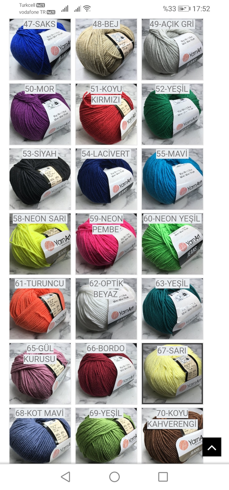 May include: A collection of yarn balls in various colors, including blue, beige, red, green, black, navy, yellow, pink, orange, white, teal, burgundy, light pink, light blue, green, brown. Each ball has a label with a number and a color name in Turkish.