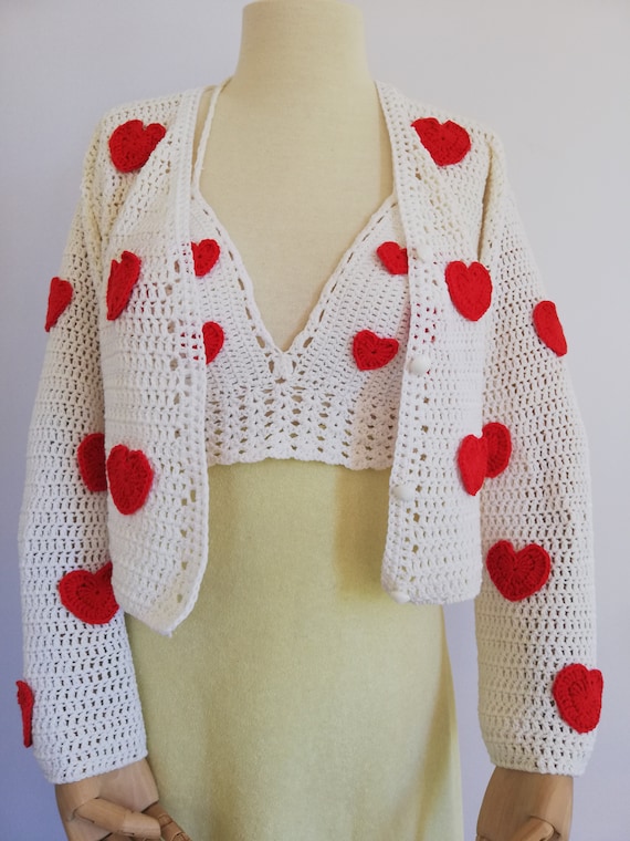 Crochet Heart Emoji Bustier & Cardigan Set / Hand Knitted