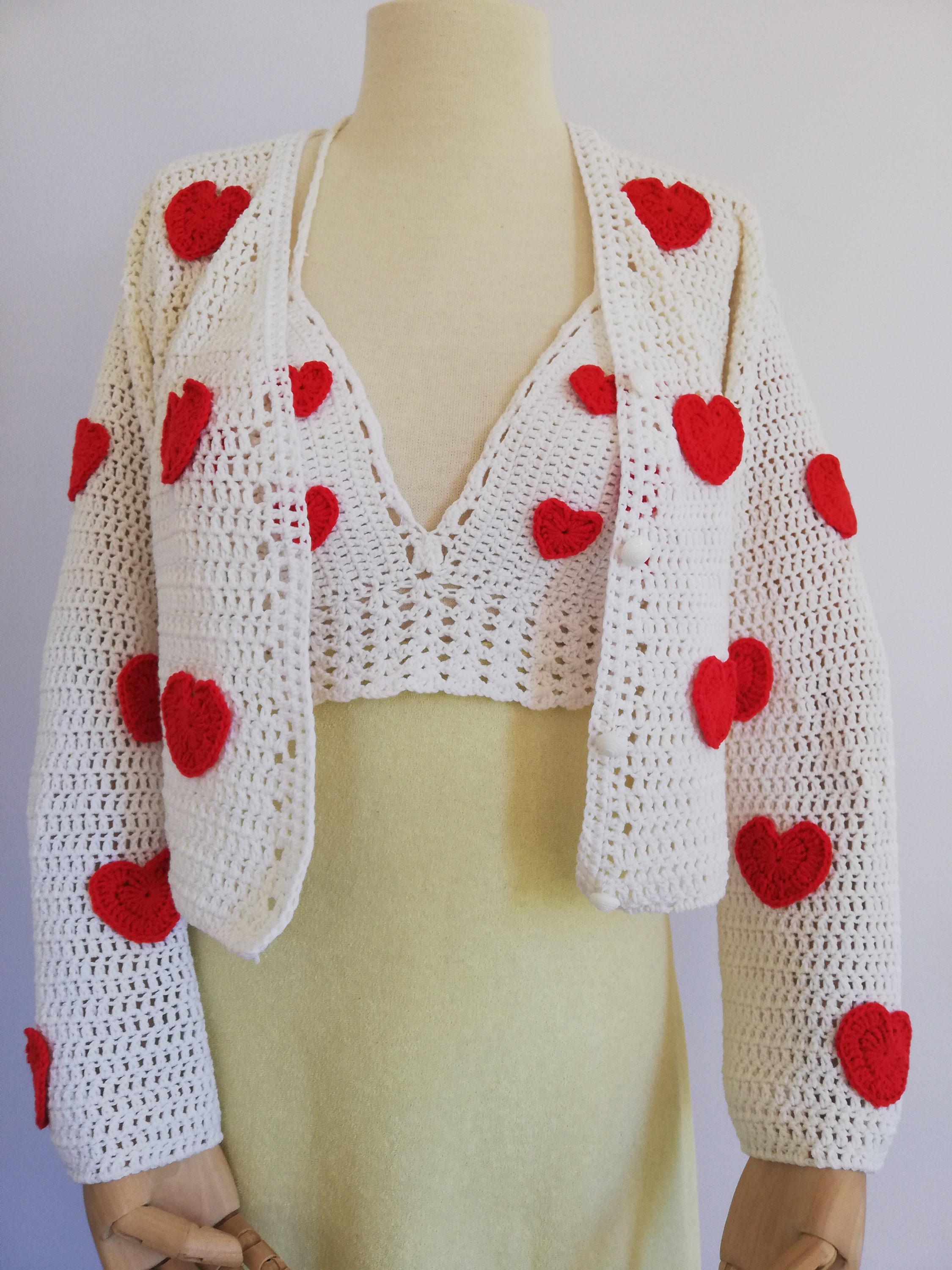 Crochet Heart Emoji Bustier & Cardigan Set / Hand Knitted Heart