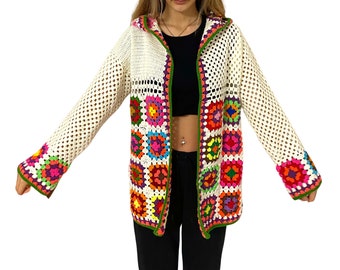 Cárdigan cuadrado con capucha de abuela / Chaqueta de abuela de ganchillo / Suéter neón / Cárdigan de punto hecho a mano
