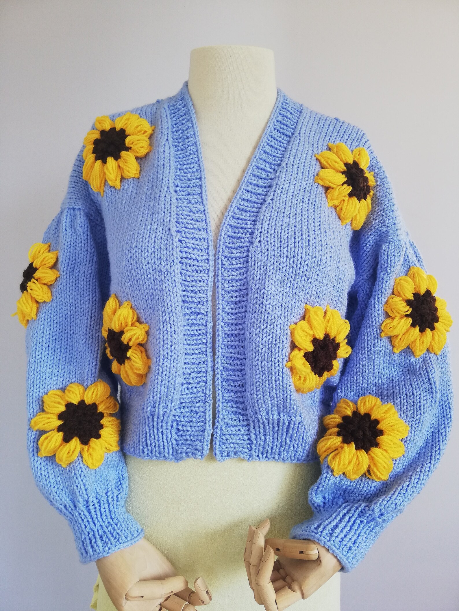Hand Knitted Daisy Cardigan / Hand Made Blue Sunflower Sweater Etsy