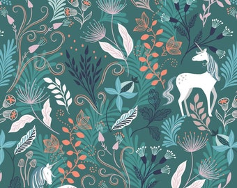 Enchanted by Lewis & Irene - Unicorns Florals Foliage on teal green with copper metallic