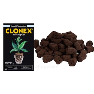 May include: A black package of Clonex Rooting Gel next to a pile of brown rooting plugs. The package has a graphic of a plant with roots and the text "CLONEX Rooting Gel". The package contains 0.5 fl oz (15 ml).