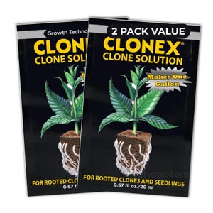 May include: Two black packets of Clonex Clone Solution. Each packet features a graphic of a plant with green leaves and white roots. Text includes "2 Pack Value", "Makes One Gallon", and "For Rooted Clones and Seedlings".