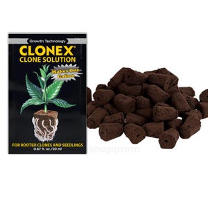 May include: A black package of Clonex Clone Solution with a green plant illustration. Text includes "Makes One Gallon" and "For Rooted Clones and Seedlings." Beside it, a pile of brown, porous growing media cubes.