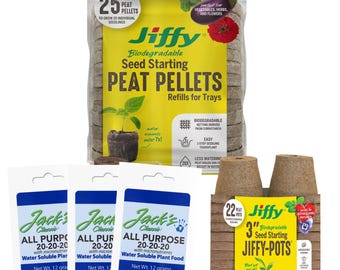 Jiffy Peat Pellets 42mm Seed Starter Kit + 3" Jiffy Pots + Jacks 20-20-20