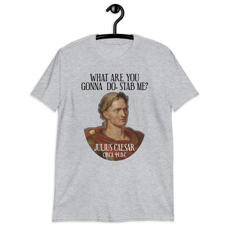 May include: A gray t-shirt with a portrait of Julius Caesar and the text "WHAT ARE YOU GONNA DO. STAB ME?"  Julius Caesar is labeled with the text "JULIUS CAESAR CIRCA 44 B.C."