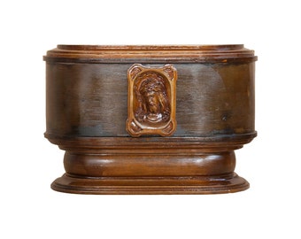 Wooden urn for adult with Christ face, walnut finish
