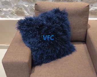 Blue Mongolian Lamp Fur Pillow Cover, Handmade Pillow Cover, Luxury Pillow Cover, Fluffy Fur Pillow Cover, Fur Pillow Cover