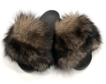 Camel With Black Fox Fur Slides, Fur Slippers, Fluffy Slides, Summer Slippers