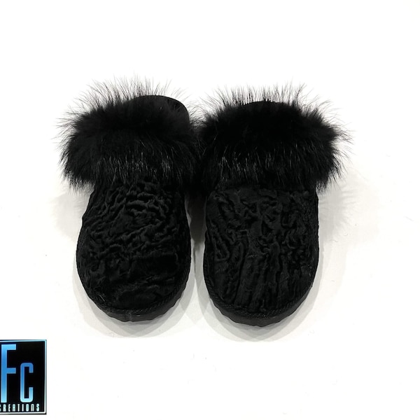 Black Fur Slippers With Fox Garnish, Real Fur Slippers, Fluffy Slippers, Winter Slippers, Real Fur slides