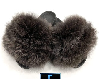 Brown Fox Fur Slides, Fur Slippers, Fluffy Slides, Summer Slippers