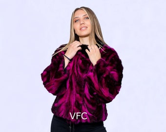 Fuchsia nertsbontjas, echt nertsbontjas, pluizige bontjas, luxe bontjas, handgemaakt bontjas