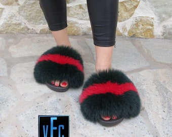 Black Fox Fur Slides With Red Stripe, Fur Slippers, Fluffy Slides