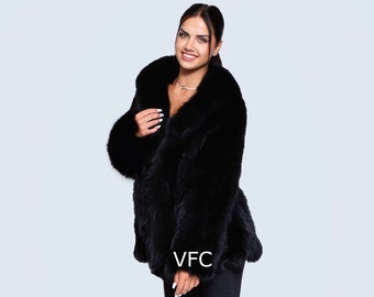Black Fox Fur Jacket With Collar, Real Fox Fur Jacket, Fluffy Fur Jacket, Luxury Fur Jacket