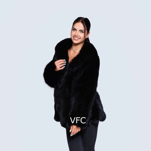 Black Fox Fur Jacket With Collar, Real Fox Fur Jacket, Fluffy Fur Jacket, Luxury Fur Jacket