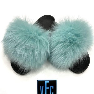Sky Blue Fox Fur Slides, Fur Slippers, Fluffy Slides, Summer Slippers