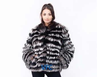 Chaqueta de piel de zorro auténtica, chaqueta de piel de zorro auténtica de piel completa plateada con líneas negras, chaqueta de piel mullida, chaqueta de piel de lujo