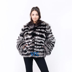 Real Fox Fur Jacket, Real Full Skin Silver With Black Lines Fox Fur Jacket, Fluffy Fur Jacket, Luxury Fur Jacket